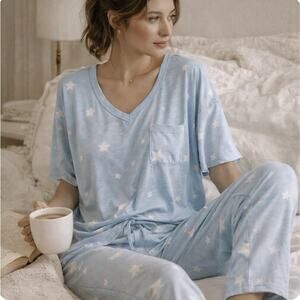 Dream Sz XL pajama Set Blue White Stars 3/4 Slv Pkt Btms Elastic Waist Pckts